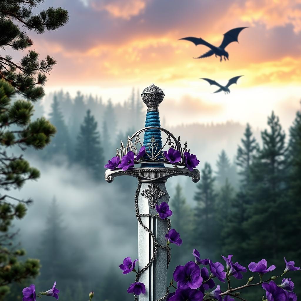 A captivating fantasy book cover featuring a misty pine forest in the background