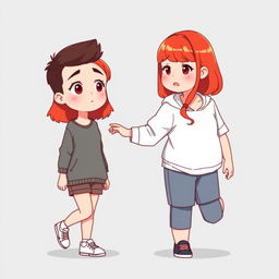 chibi-style illustration of a handsome, slim young adult boy and a curvy, plus-sized young adult girl