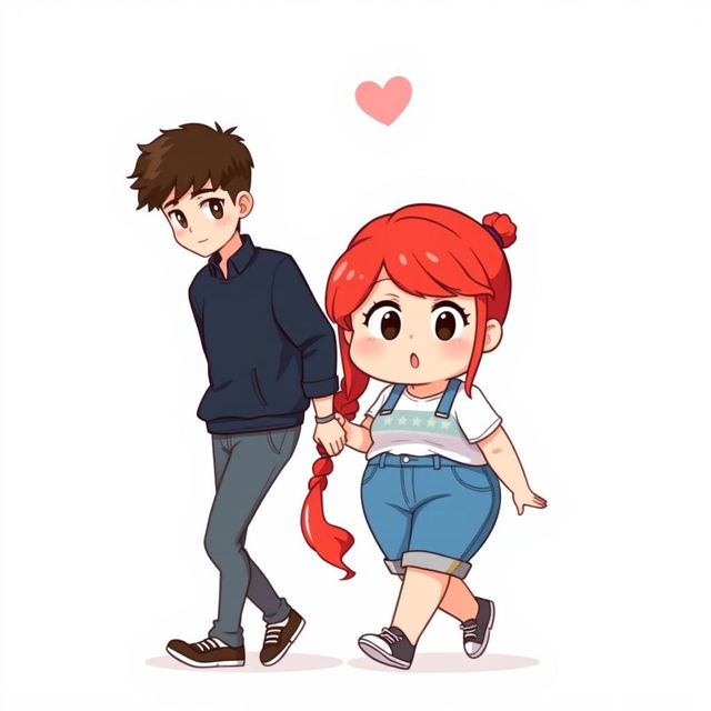 chibi-style illustration of a handsome, slim young adult boy and a curvy, plus-sized young adult girl