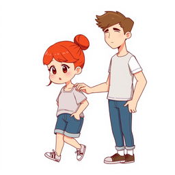 chibi-style illustration of a handsome, slim young adult boy and a curvy, plus-sized young adult girl