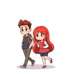 chibi-style illustration of a handsome, slim young adult boy and a curvy, plus-sized young adult girl