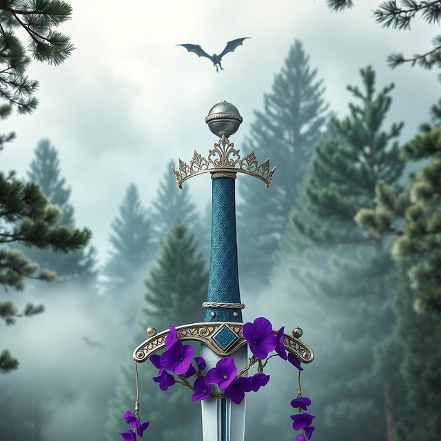 A captivating fantasy book cover featuring a misty pine forest in the background