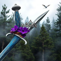 A captivating fantasy book cover featuring a misty pine forest in the background