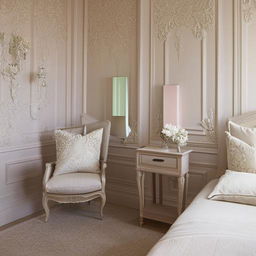 Bedroom showcasing a modern French design with intricately detailed walls and color scheme incorporating neutral and pastel shades