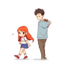 A full-body chibi-style illustration of a handsome, slim young adult boy and a curvy, plus-sized young adult girl of the same age and height