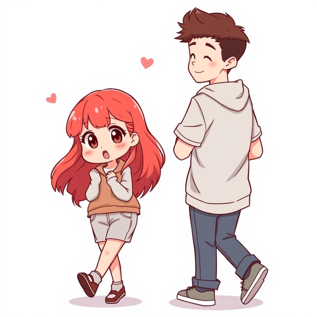 A full-body chibi-style illustration of a handsome, slim young adult boy and a curvy, plus-sized young adult girl of the same age and height