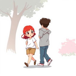 A full-body chibi-style illustration of a handsome, slim young adult boy and a curvy, plus-sized young adult girl of the same age and height