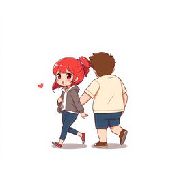 A full-body chibi-style illustration of a handsome, slim young adult boy and a curvy, plus-sized young adult girl of the same age and height