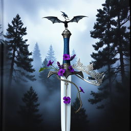 A captivating fantasy book cover featuring a misty, black pine forest in the background