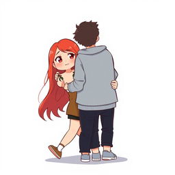 A full-body chibi-style illustration featuring a handsome, slim young adult boy and a curvy, plus-sized young adult girl of the same age and height