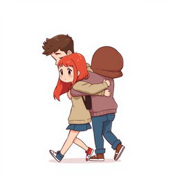 A full-body chibi-style illustration featuring a handsome, slim young adult boy and a curvy, plus-sized young adult girl of the same age and height