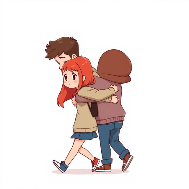 A full-body chibi-style illustration featuring a handsome, slim young adult boy and a curvy, plus-sized young adult girl of the same age and height