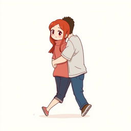 A full-body chibi-style illustration featuring a handsome, slim young adult boy and a curvy, plus-sized young adult girl of the same age and height