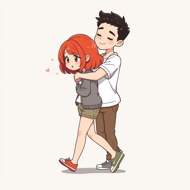 A full-body chibi-style illustration of a handsome, slim young adult boy and a curvy, plus-sized young adult girl