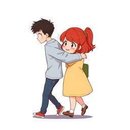 A full-body chibi-style illustration of a handsome, slim young adult boy and a curvy, plus-sized young adult girl