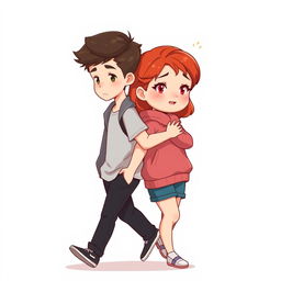 A full-body chibi-style illustration of a handsome, slim young adult boy and a curvy, plus-sized young adult girl