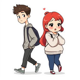 A full-body chibi-style illustration of a handsome, slim young adult boy and a curvy, plus-sized young adult girl