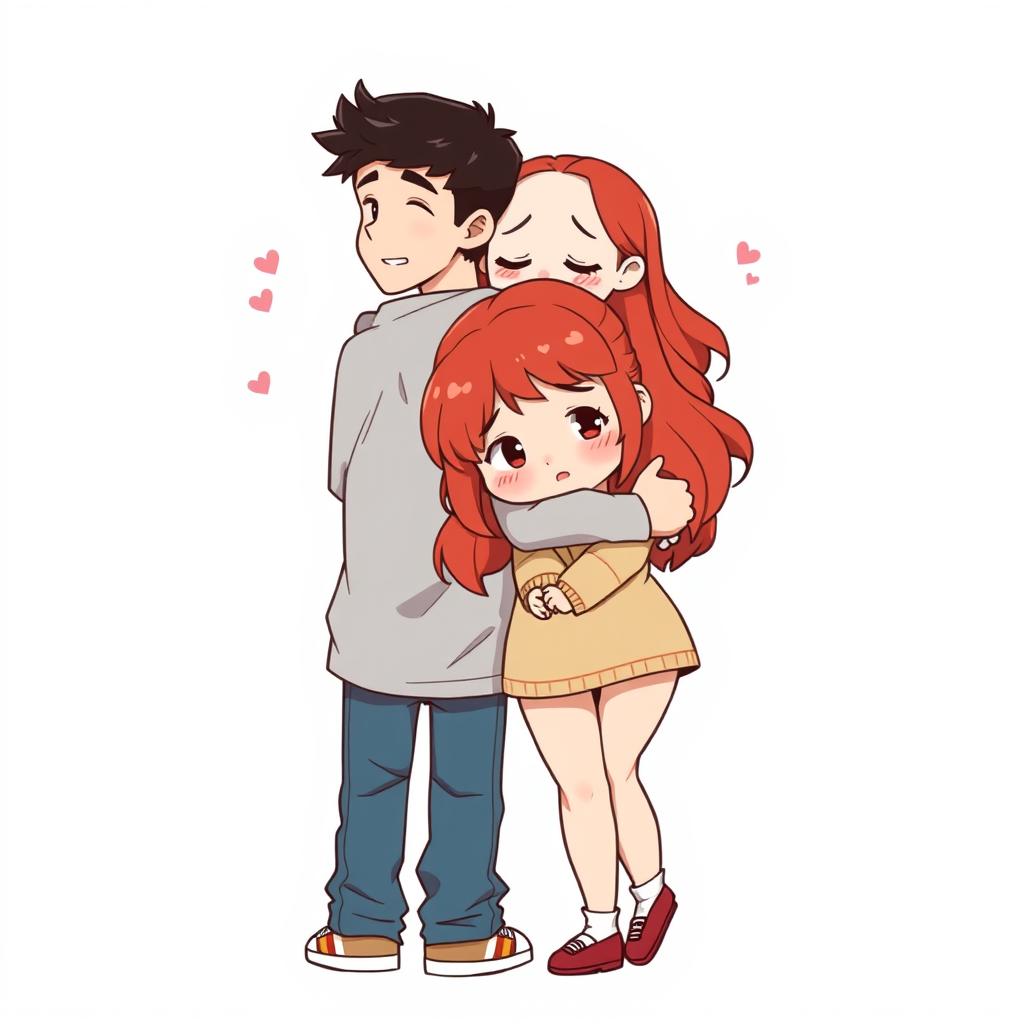 A full-body chibi-style illustration of a handsome, slim young adult boy and a curvy, plus-sized young adult girl of the same age and height