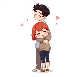 A full-body chibi-style illustration of a handsome, slim young adult boy and a curvy, plus-sized young adult girl of the same age and height