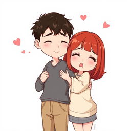 A full-body chibi-style illustration of a handsome, slim young adult boy and a curvy, plus-sized young adult girl of the same age and height