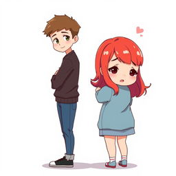 A full-body chibi-style illustration featuring a handsome, slim young adult boy and a curvy, plus-sized young adult girl of the same age and height