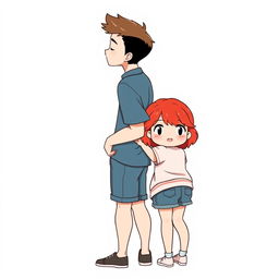 A full-body chibi-style illustration featuring a handsome, slim young adult boy and a curvy, plus-sized young adult girl of the same age and height