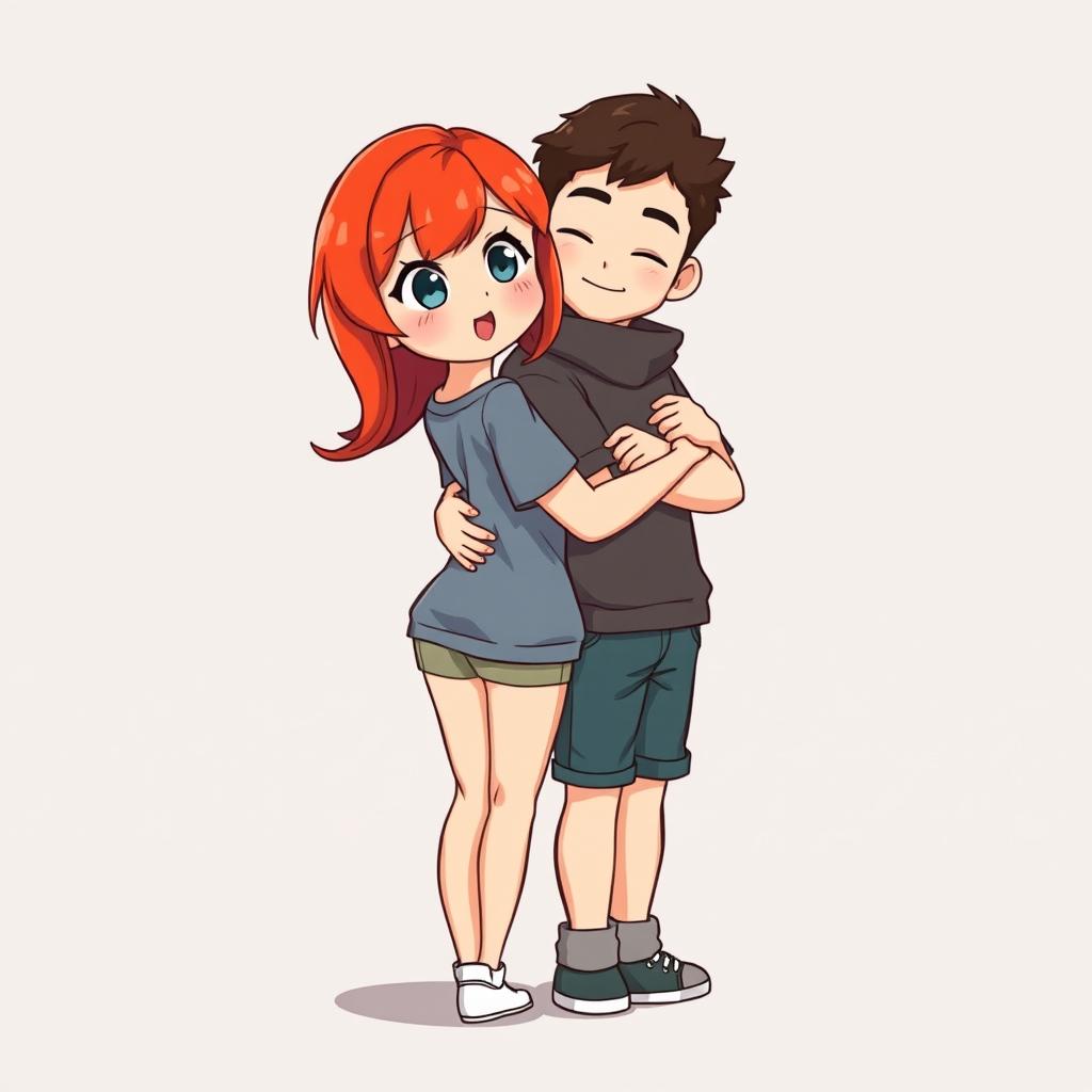 A full-body chibi-style illustration featuring a handsome, slim young adult boy and a curvy, plus-sized young adult girl of the same age and height