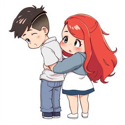 A full-body chibi-style illustration featuring a handsome, slim young adult boy and a curvy, plus-sized young adult girl of the same age and height