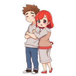 A full-body chibi-style illustration featuring a handsome, slim young adult boy and a curvy, plus-sized young adult girl of the same age and height