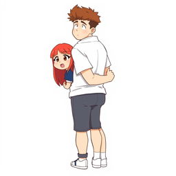 A full-body chibi-style illustration featuring a handsome, slim young adult boy and a curvy, plus-sized young adult girl of the same age and height