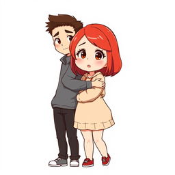 A full-body chibi-style illustration featuring a handsome, slim young adult boy and a curvy, plus-sized young adult girl of the same age and height