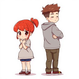 A full-body chibi-style illustration featuring a handsome, slim young adult boy and a curvy, plus-sized young adult girl of the same age and height