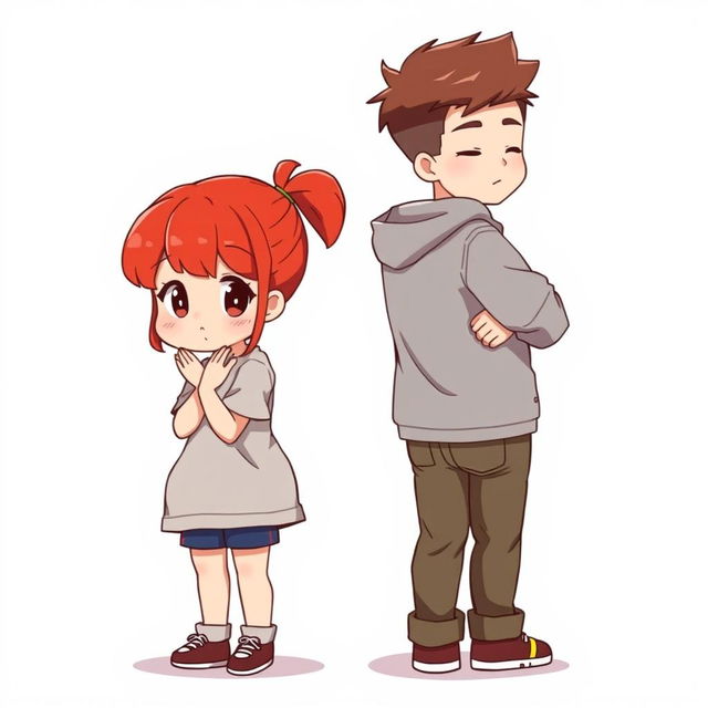 A full-body chibi-style illustration featuring a handsome, slim young adult boy and a curvy, plus-sized young adult girl of the same age and height