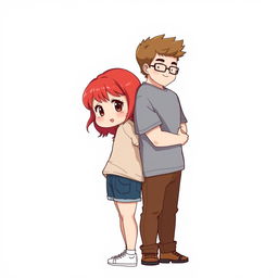 A full-body chibi-style illustration featuring a handsome, slim young adult boy and a curvy, plus-sized young adult girl of the same age and height