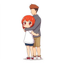 A full-body chibi-style illustration featuring a handsome, slim young adult boy and a curvy, plus-sized young adult girl of the same age and height