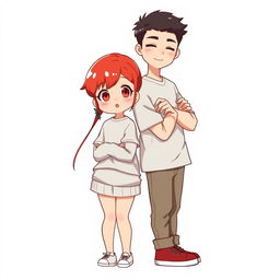 A full-body chibi-style illustration featuring a handsome, slim young adult boy and a curvy, plus-sized young adult girl of the same age and height