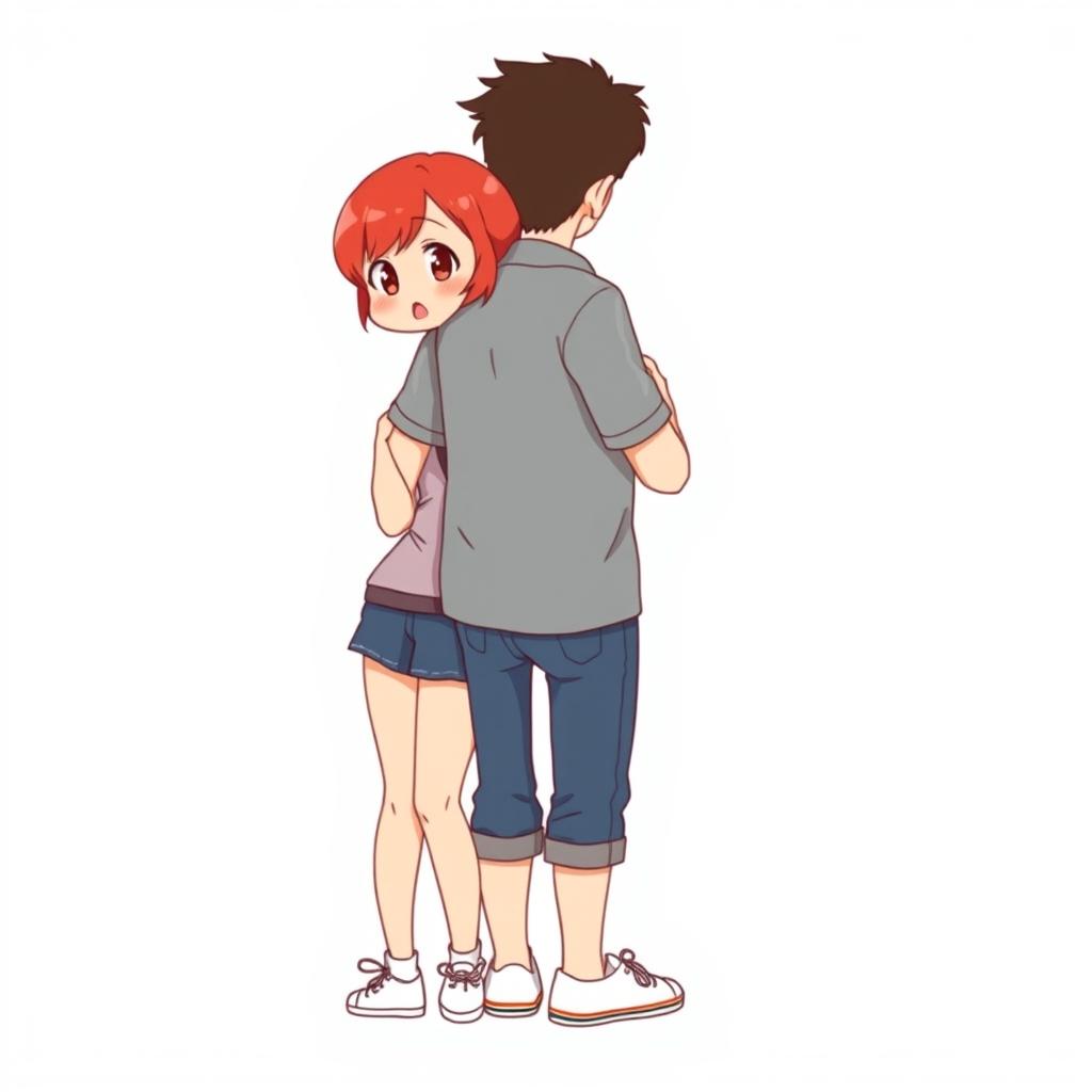 A full-body chibi-style illustration featuring a handsome, slim young adult boy and a curvy, plus-sized young adult girl of the same age and height