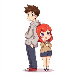 A full-body chibi-style illustration featuring a handsome, slim young adult boy and a curvy, plus-sized young adult girl of the same age and height