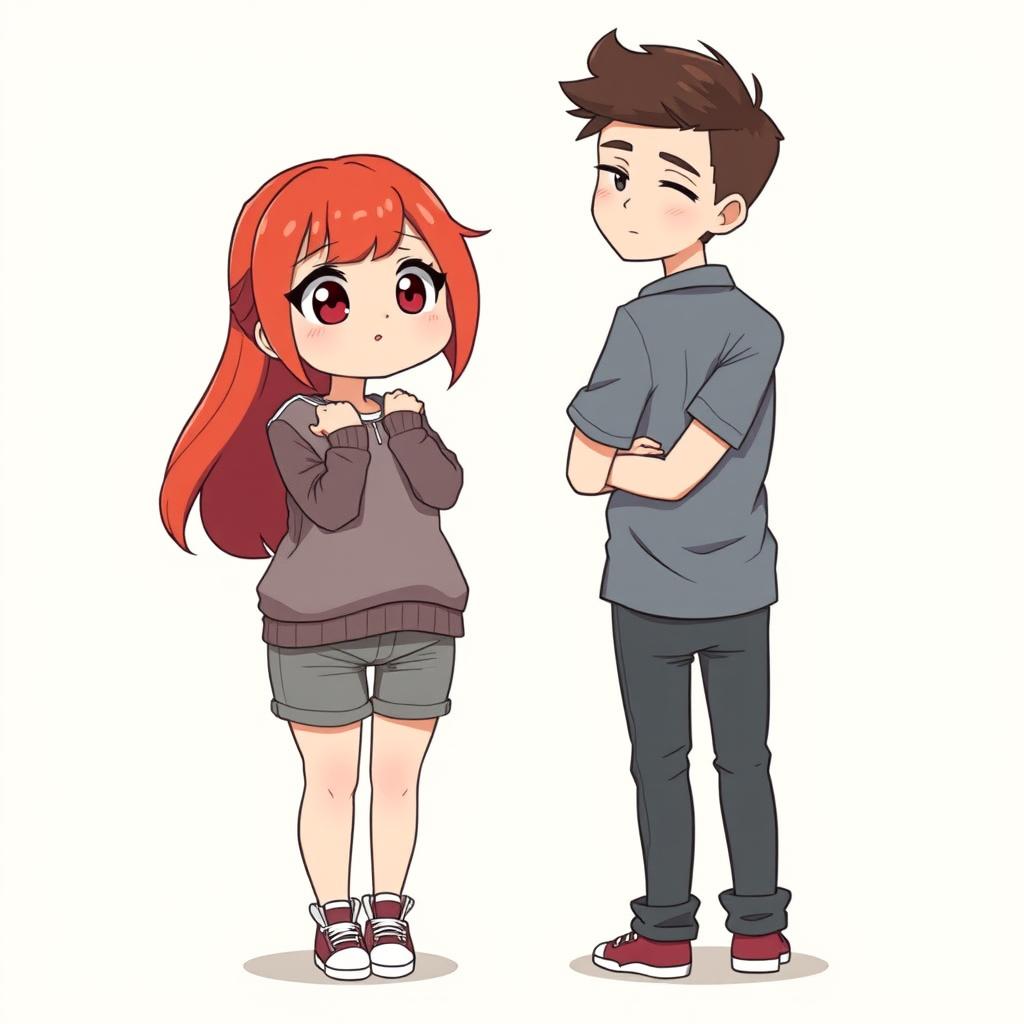 A full-body chibi-style illustration featuring a handsome, slim young adult boy and a curvy, plus-sized young adult girl of the same age and height