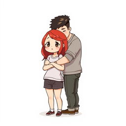 A full-body chibi-style illustration featuring a handsome, slim young adult boy and a curvy, plus-sized young adult girl of the same age and height