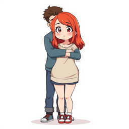 A full-body chibi-style illustration featuring a handsome, slim young adult boy and a curvy, plus-sized young adult girl of the same age and height