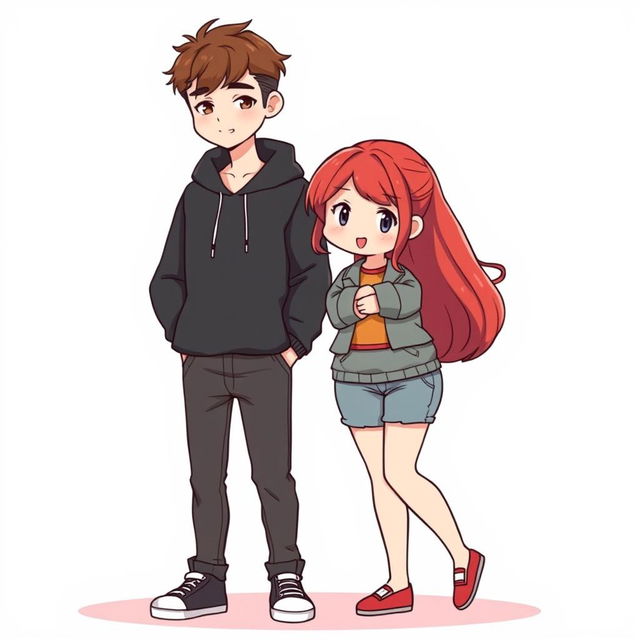 A full-body chibi-style illustration featuring a handsome, slim young adult boy and a curvy, plus-sized young adult girl of the same age and height