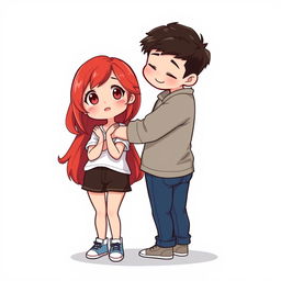 A full-body chibi-style illustration featuring a handsome, slim young adult boy and a curvy, plus-sized young adult girl of the same age and height