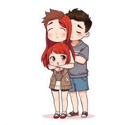 A full-body chibi-style illustration featuring a handsome, slim young adult boy and a curvy, plus-sized young adult girl of the same age and height