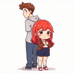 A full-body chibi-style illustration featuring a handsome, slim young adult boy and a curvy, plus-sized young adult girl of the same age and height