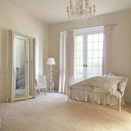 Bedroom showcasing a modern French design with intricately detailed walls and color scheme incorporating neutral and pastel shades