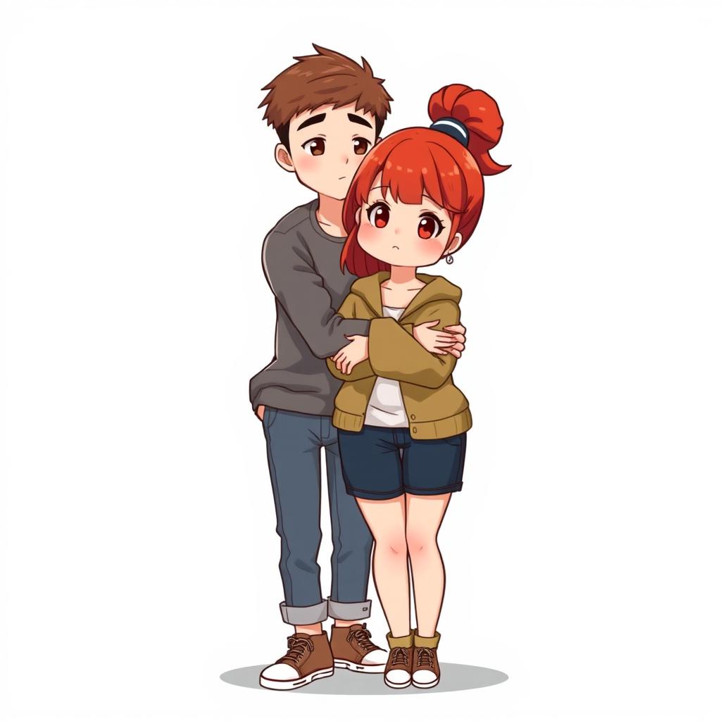 A full-body chibi-style illustration featuring a handsome, slim young adult boy and a curvy, plus-sized young adult girl of the same age and height