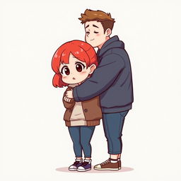 A full-body chibi-style illustration featuring a handsome, slim young adult boy and a curvy, plus-sized young adult girl of the same age and height