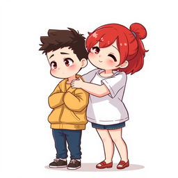 A full-body chibi-style illustration featuring a handsome, slim young adult boy and a curvy, plus-sized young adult girl of the same age and height