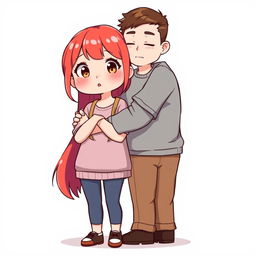 A full-body chibi-style illustration featuring a handsome, slim young adult boy and a curvy, plus-sized young adult girl of the same age and height